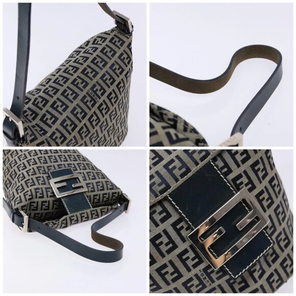 FENDI Zucchino Canvas Mamma Baguette Shoulder Bag Navy Gold Auth 139307 - Picture 16 of 16